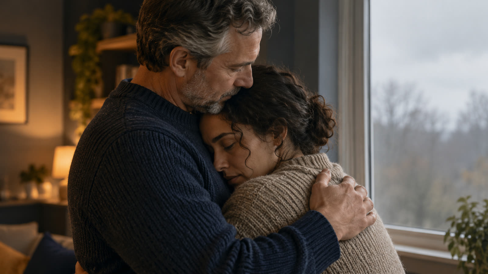 Two adults embracing in quiet comfort beside a window in soft morning light.