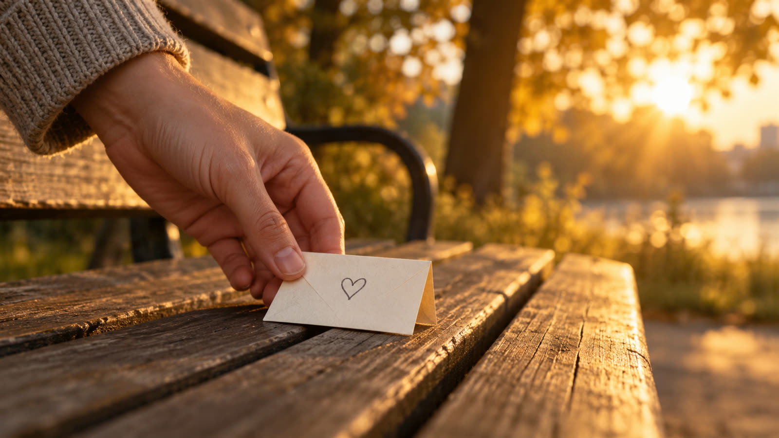 A hand leaving a folded note with a drawn heart on a park bench at golden hour.