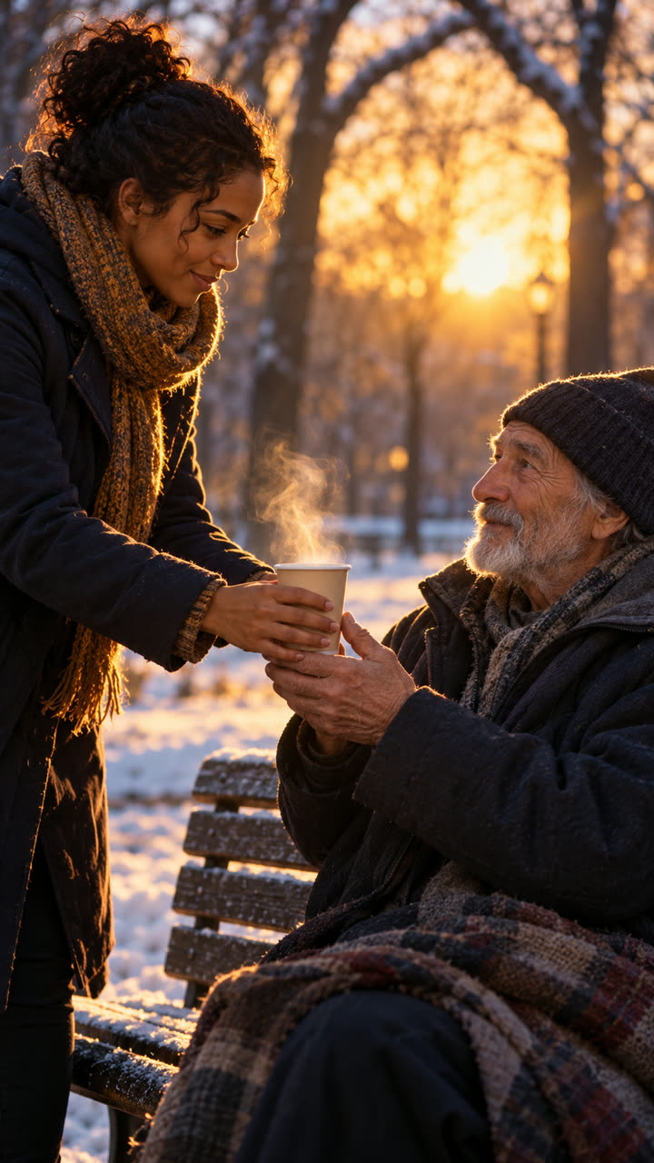 A woman handing a steaming cup of coffee to a man on a snowy park bench.