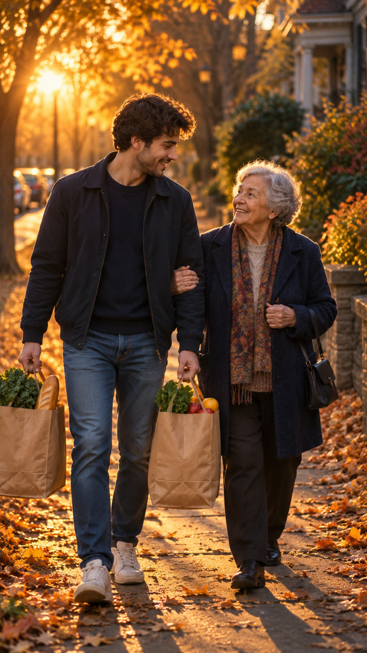 A young man carrying grocery bags beside an elderly woman on an autumn street.