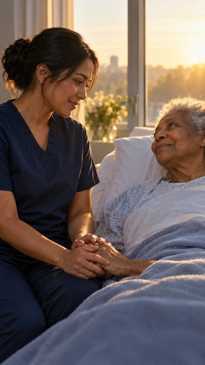 A nurse holding an elderly patient's hand beside a hospital window.