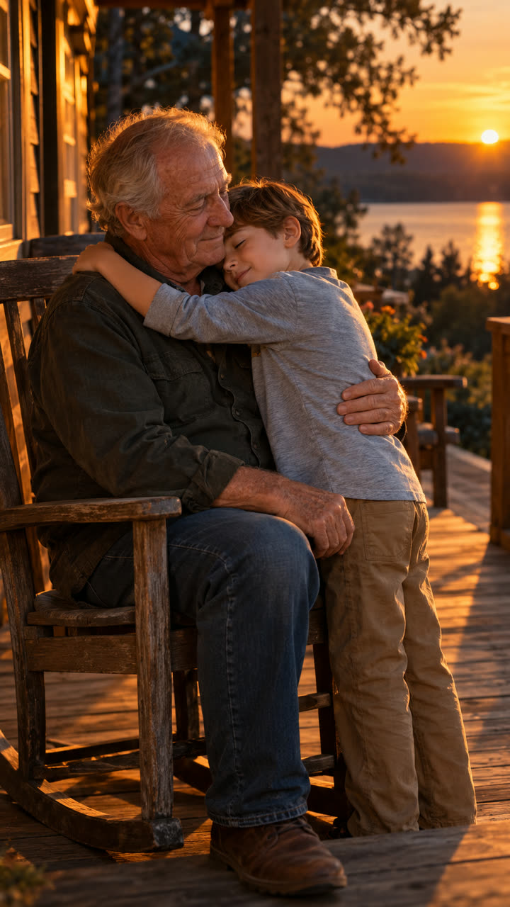A child hugging a grandfather on a porch at sunset.